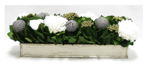 Wooden Rectangle Container Antique Silver- Roses White, Banksia Lt Grey, Brunia Natural & Hydrangea White