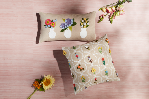Lumbar Flower Vase Embroidered Pillow