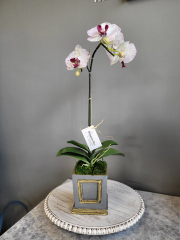 Wooden Mini Square Container Dark Blue Grey & Gold - White & Purple Orchid Artificial