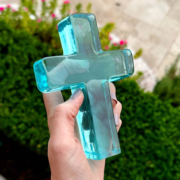 Glass Cross Occasion Gift Box: Aqua / Baptism