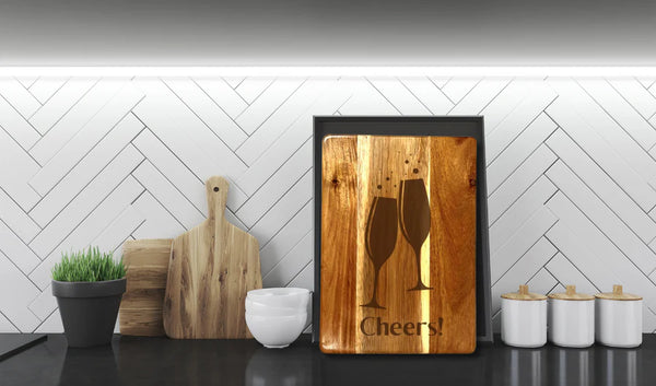 Acacia Wedding Cutting Board 8x11 Cheers!