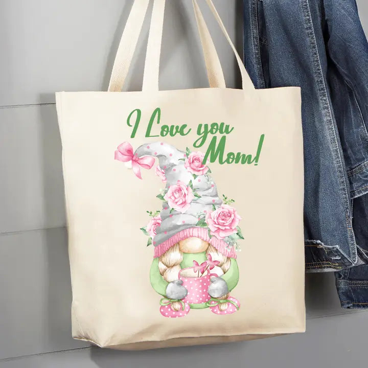 Mothers Day Gnome I Love Mom 12 oz Cotton Tote Bag