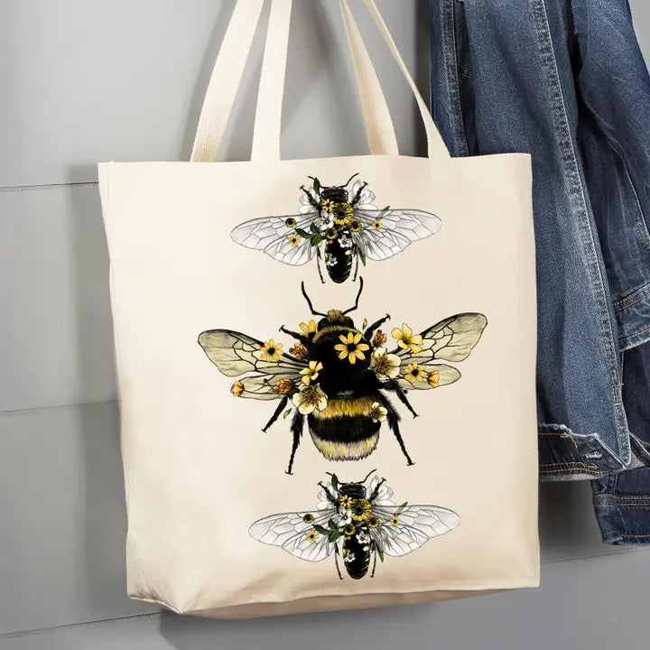 Vintage Bees Flowers 12 oz Canvas Tote Bag