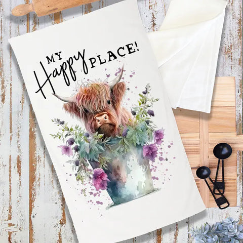 Highland Cow My Happy Place Terry Cloth Towel