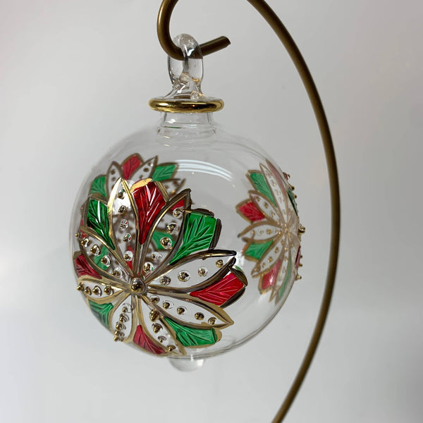 Blown Glass Ornament - Red & Green Flower 3.35"