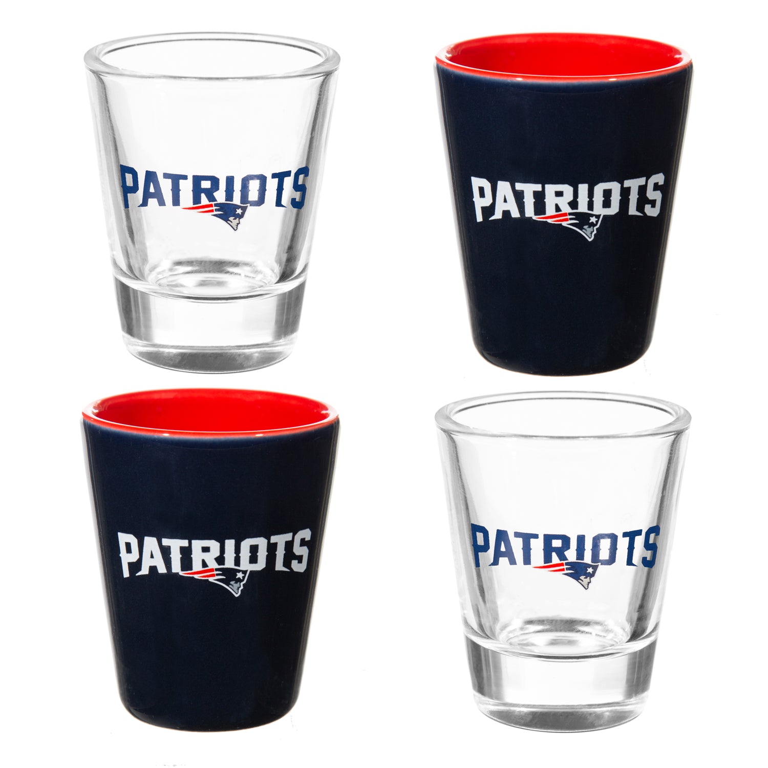 New England Patriots 4-Piece Ceramic and Glass 2oz. Shot Glass Set