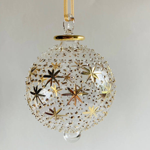 Blown Glass Ornament - Gold Stars & Dots 2"