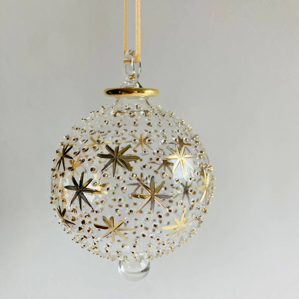 Blown Glass Ornament - Gold Stars & Dots 2"