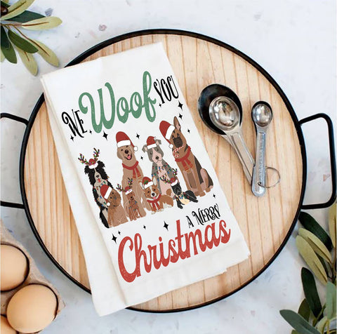 We Woof You Merry Christmas Dogs Tea Towel