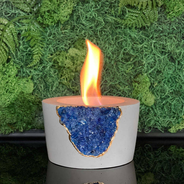 Tabletop Fire Pit White Base Blue Glass