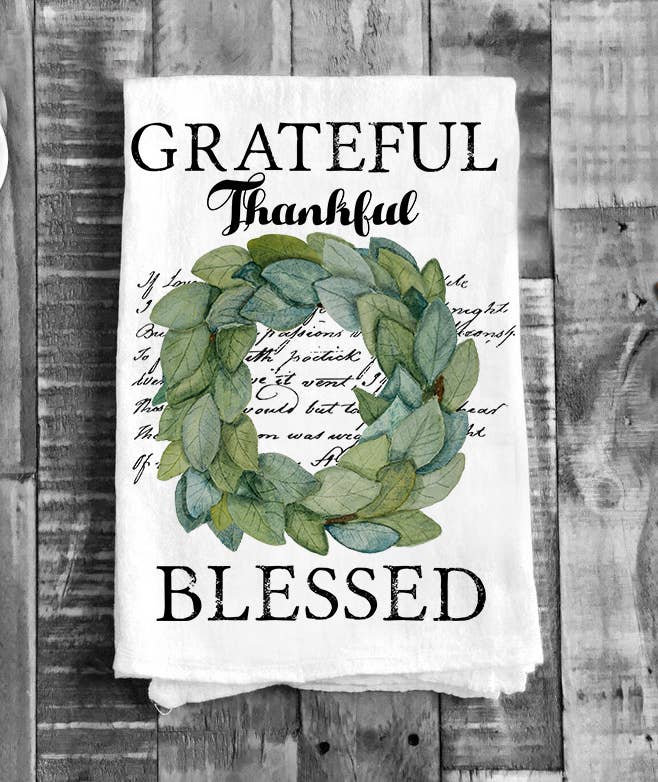 Grateful Thankful Blessed Wreath Cotton Tea Towel