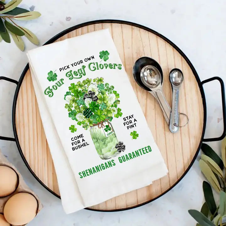 St Patrick's Four Leaf Clover Bouquet Flour Sack Tea Towel