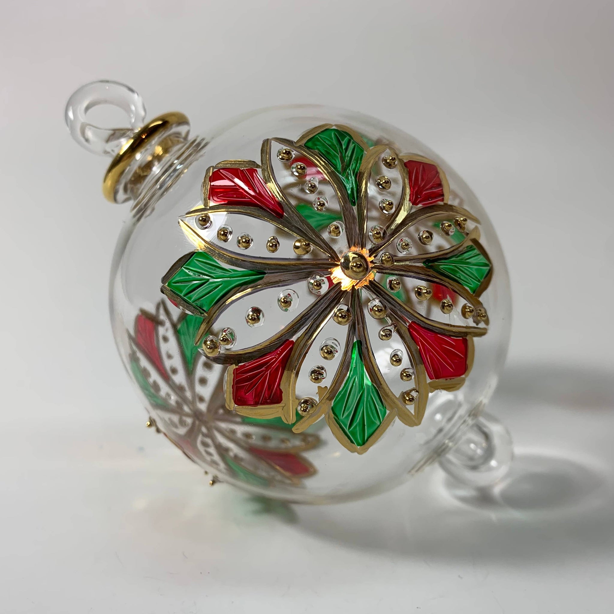 Blown Glass Ornament - Red & Green Flower 3.35"