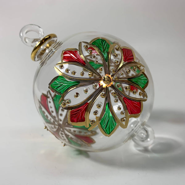 Blown Glass Ornament - Red & Green Flower 3.35"