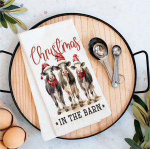 Christmas in the Barn Cows Tea Towel