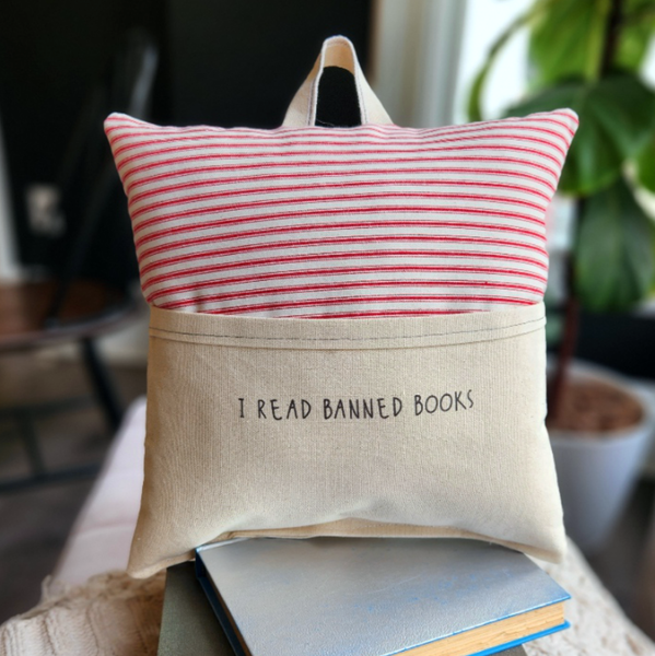 Reading Pillow I Read Banned Books, Red Ticking Stripe