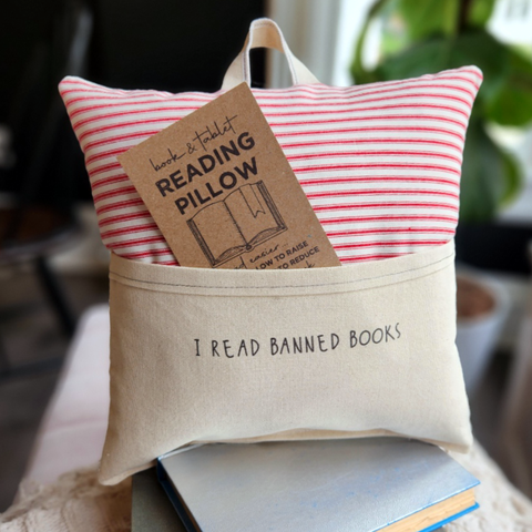 Reading Pillow I Read Banned Books, Red Ticking Stripe