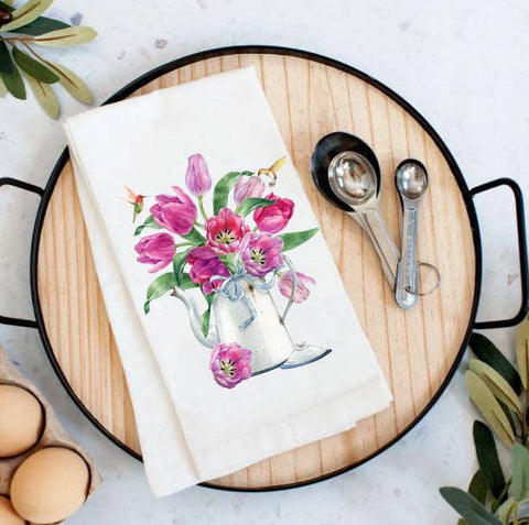 Spring Garden Tulips Hummingbirds Cotton Tea Towel