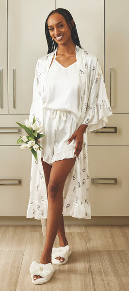 Long Ruffled Satin Robe - White Rings