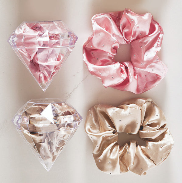 Large Diamond Ornament Satin Rhinestone Scrunchie - Blush