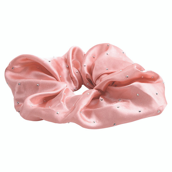 Large Diamond Ornament Satin Rhinestone Scrunchie - Blush