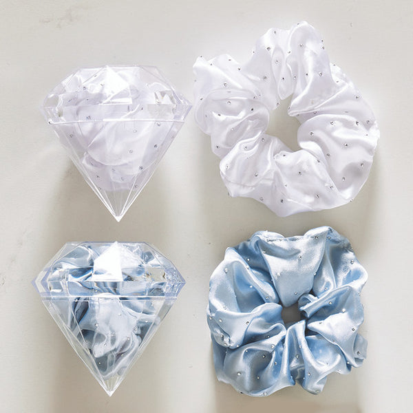 Large Diamond Ornament Satin Rhinestone Scrunchie - Blue