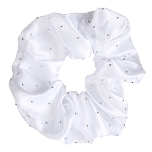 Large Diamond Ornament Satin Rhinestone Scrunchie - White