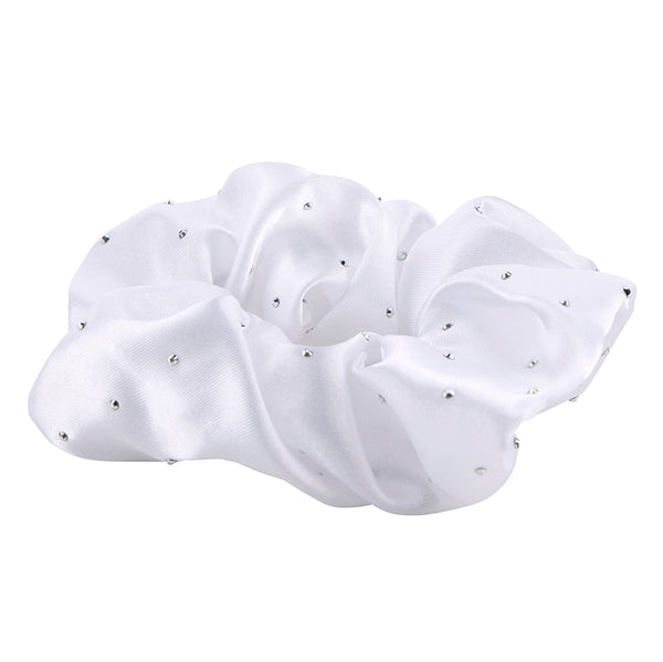 Large Diamond Ornament Satin Rhinestone Scrunchie - White