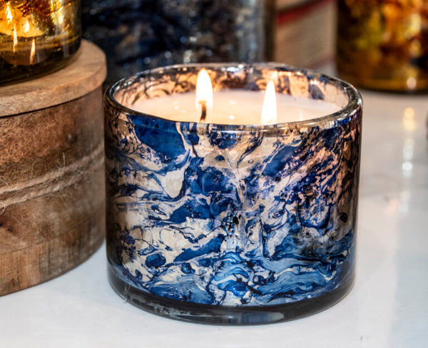 Wind Blue-Blown Glass Tumbler Candle Tobacco Bark 10oz