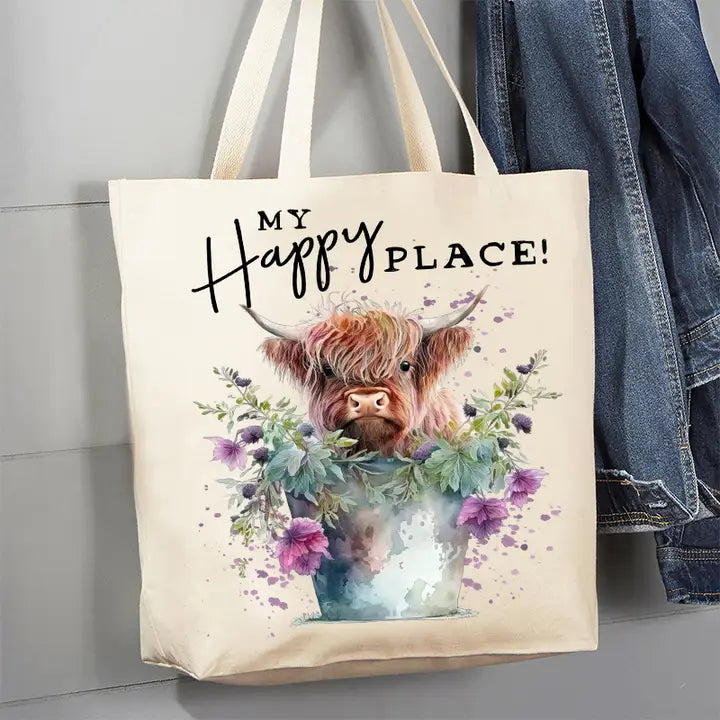 Highland Cow My Happy Place Canvas Tote Bag