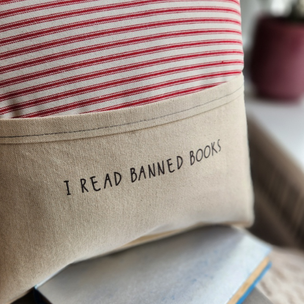 Reading Pillow I Read Banned Books, Red Ticking Stripe