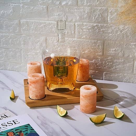 Tequila Decanter With 4 Pink Himalayan Salt Shot Glasses