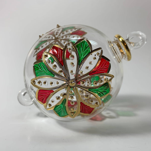 Blown Glass Ornament - Red & Green Flower 3.35"