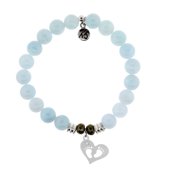 Blue Aquamarine Gemstone Bracelet with Baby Feet Sterling Silver Charm