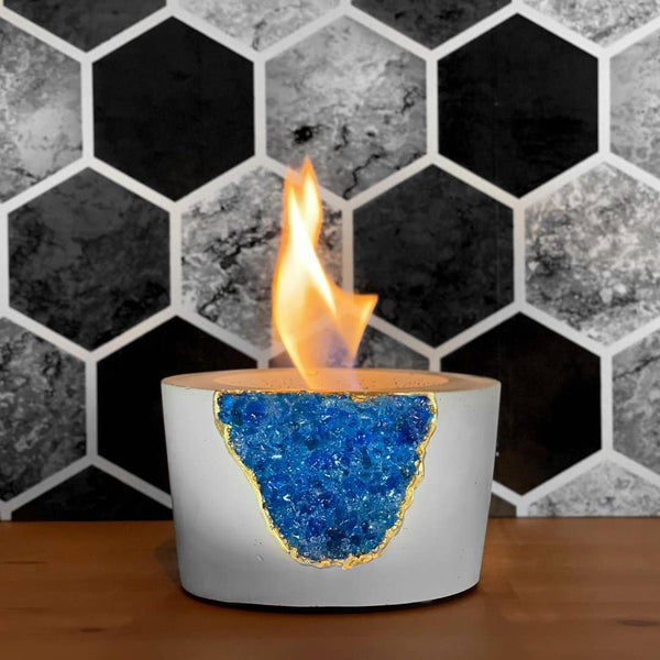 Tabletop Fire Pit White Base Blue Glass