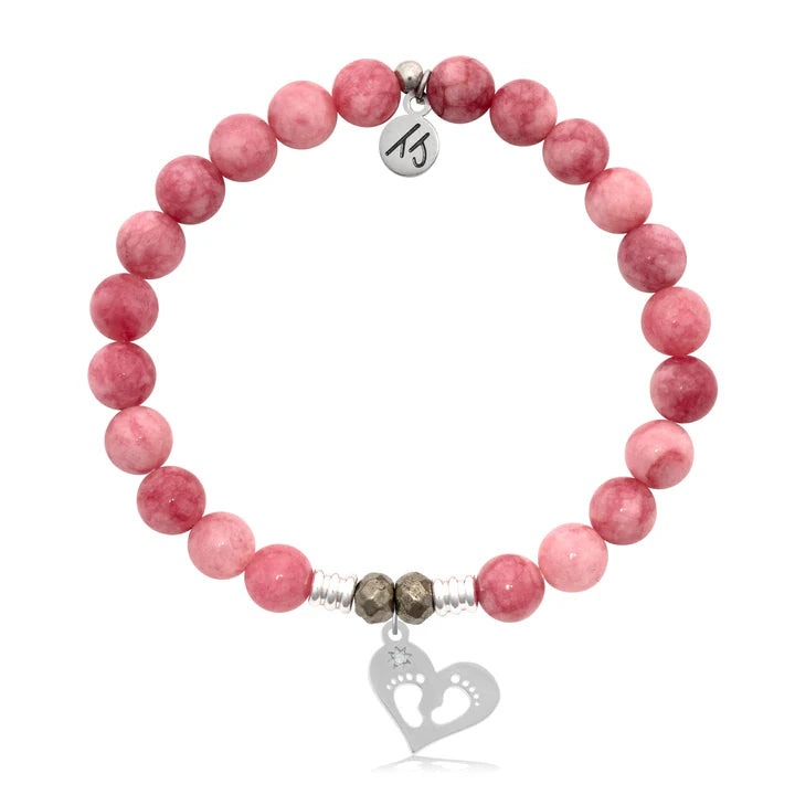 Pink Jade Stone Bracelet with Baby Feet Sterling Silver Charm