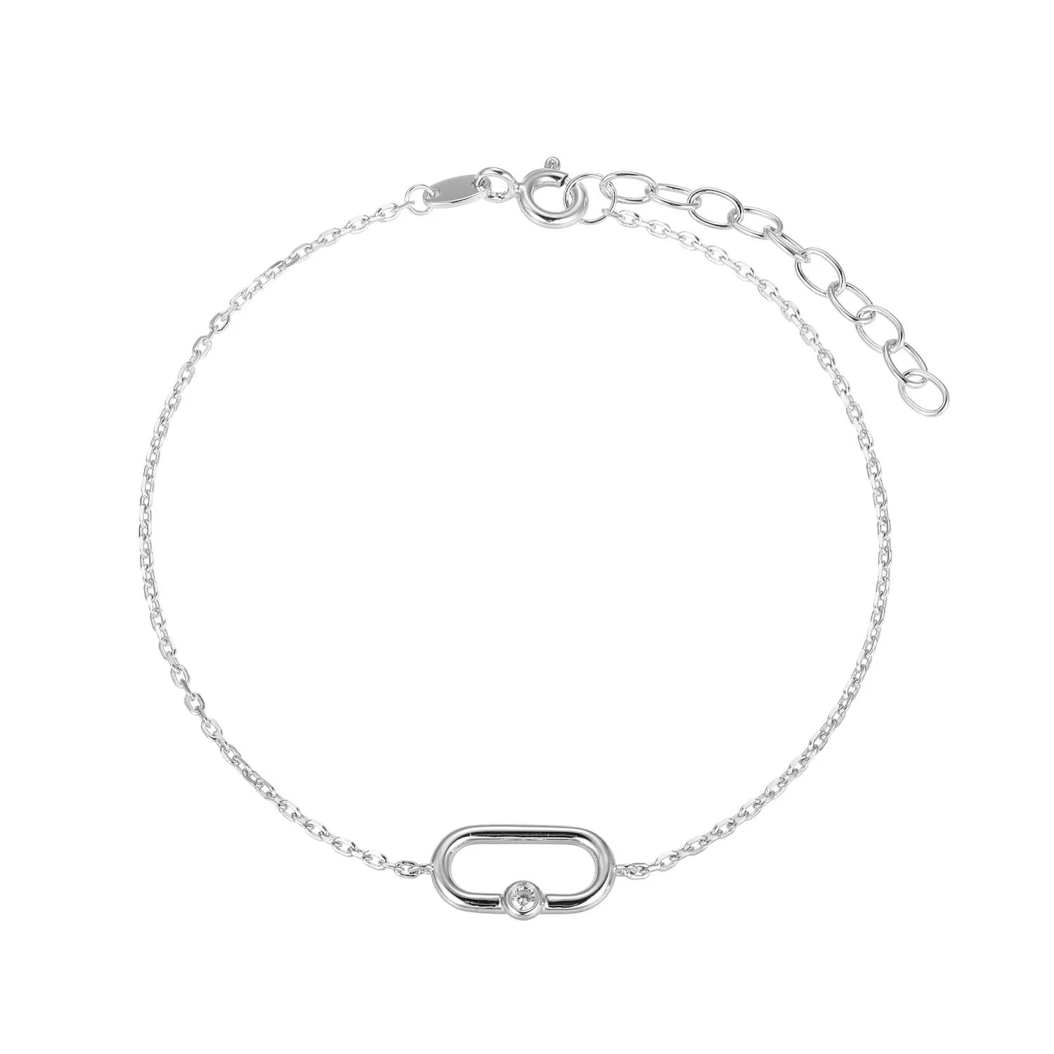 Diamond Oval Link Bracelet 0.02CTW Rhodium Plated Sterling Silver 6" Ext. 1"