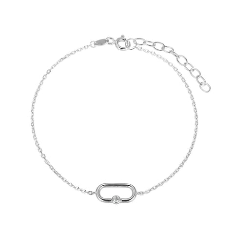 Diamond Oval Link Bracelet 0.02CTW Rhodium Plated Sterling Silver 6" Ext. 1"