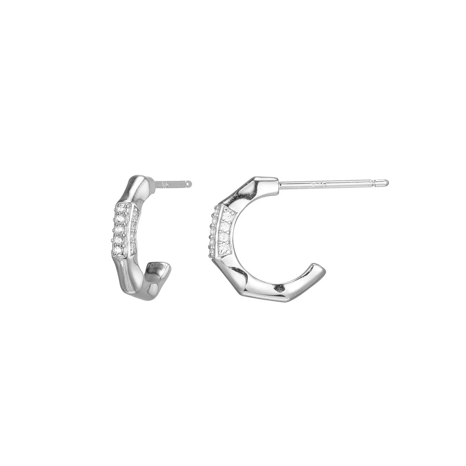 Diamond Bamboo Hoop Post Earrings 0.10CTW Rhodium Plated Sterling Silver