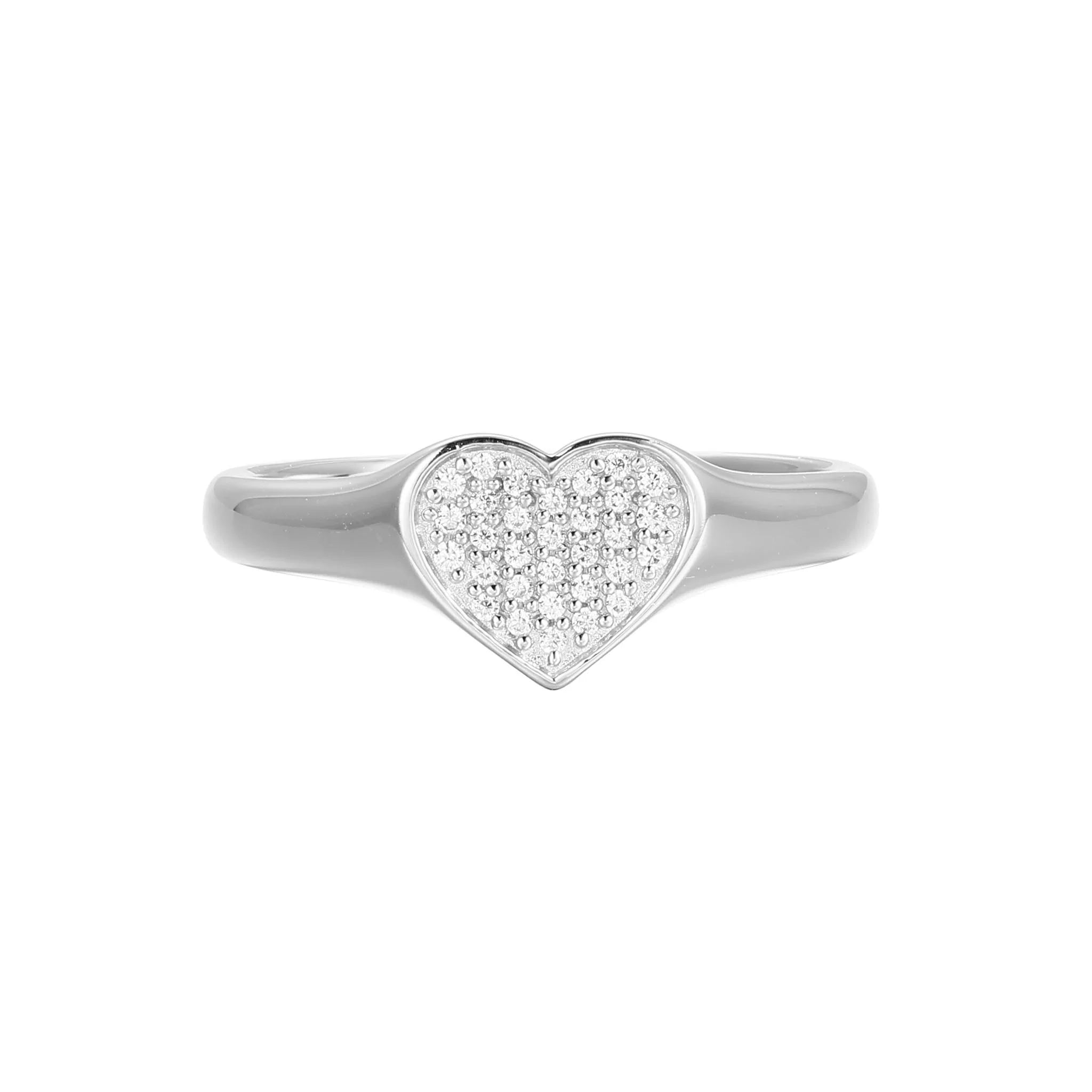 Diamond Pave Heart Ring 0.10CTW Rhodium Sterling Silver Size 7