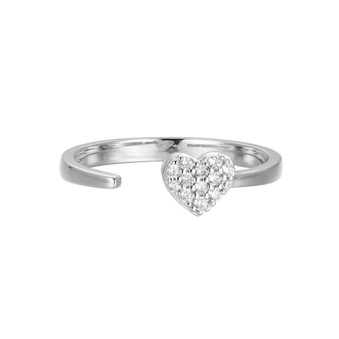 Diamond Pave Tiny Heart Open Ring 0.10CTW Rhodium Sterling Silver Size 7