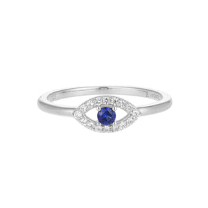 Diamond & Sapphire Evil Eye Ring Rhodium Plated Sterling Silver Size 7