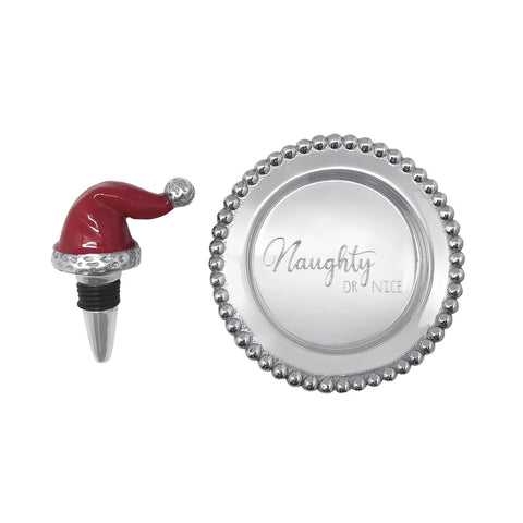 Naughty or Nice Beaded Wine Plate & Santa Hat Wine Stopper Set