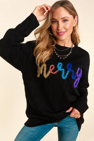 Pop Up Letter "Merry" Pullover Sweater Knit Top Black