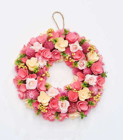 12" Valentines Pink Flower And Wood Curl Wreath