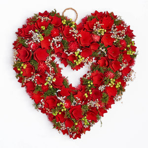 15" Valentines Wood Curl Heart Wreath With Floral Accents