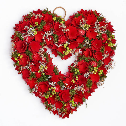 15" Valentines Wood Curl Heart Wreath With Floral Accents