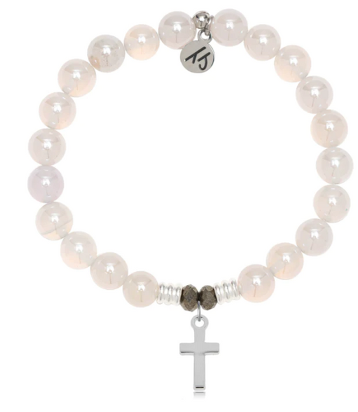 Stone Bracelet with Cross Sterling Silver Charm