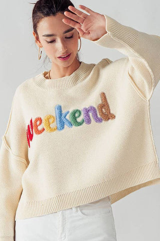 Hailee Rib Knit Weekend Embroidered Sweater Cream