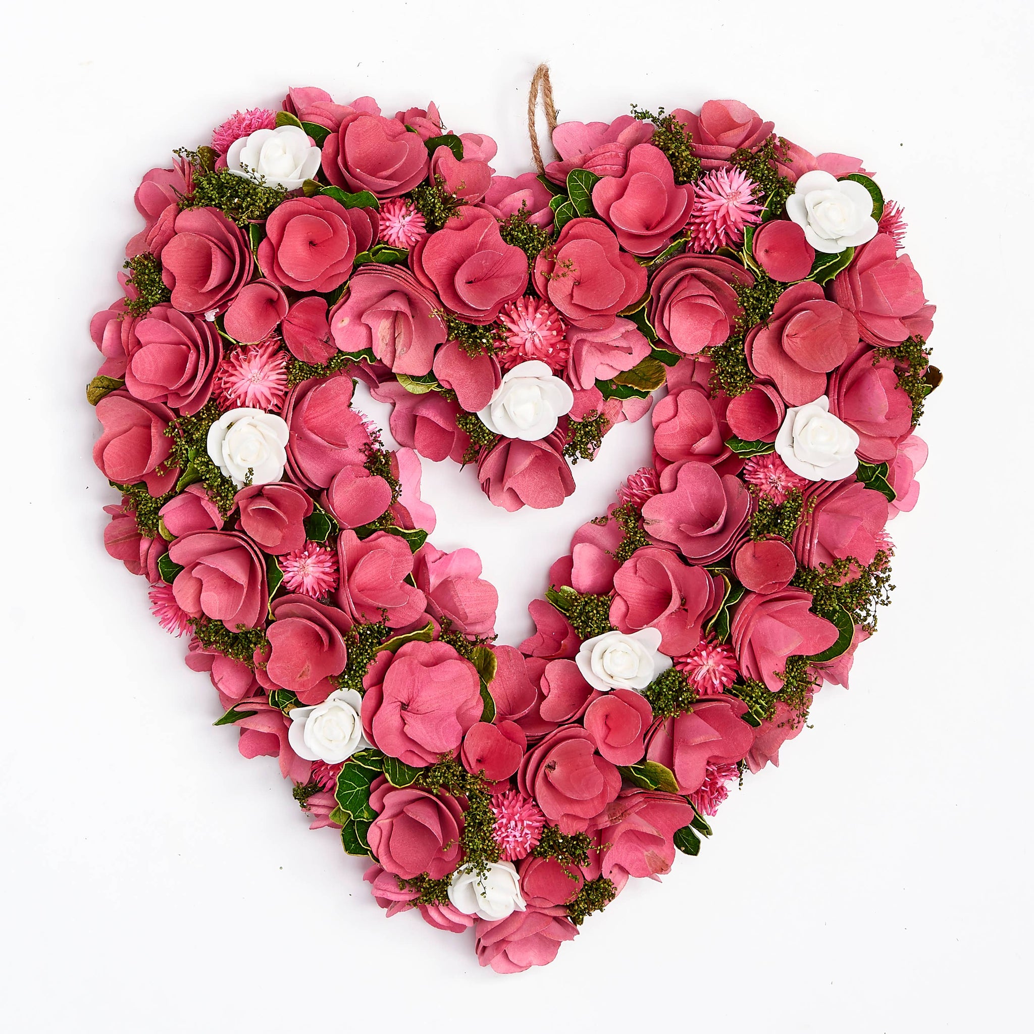 15" Valentines Pink Wood Curl Heart Wreath With White Roses
